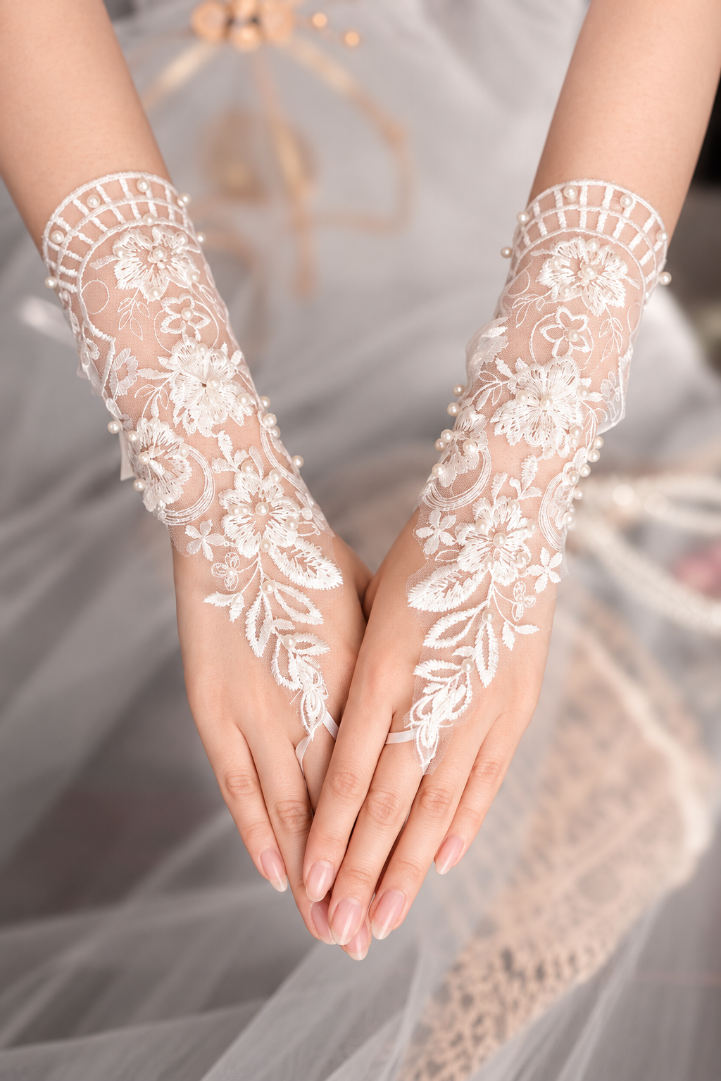 Pearl Floral Lace Fingerless Gloves