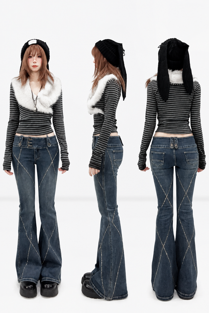 스트라이프 퍼 칼라 긴소매 티셔츠