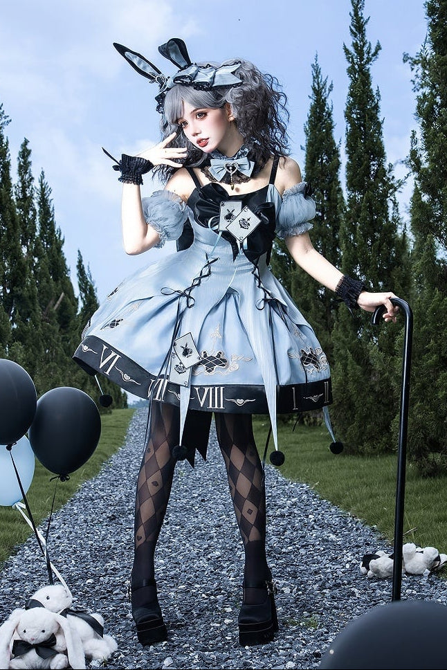 [Reservierungsschluss 10. Juli] Blau-schwarzes Alice-Gothic-Lolita-Komplettset mit Hasenohren-Haarreif und Kleid
