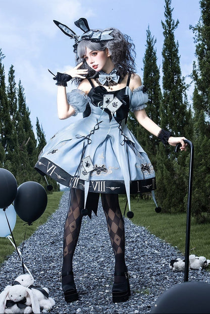 [Reservierungsschluss 10. Juli] Blau-schwarzes Alice-Gothic-Lolita-Komplettset mit Hasenohren-Haarreif und Kleid