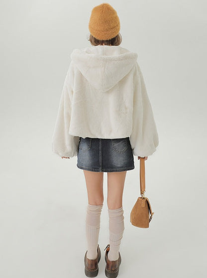 Velvet fur hooded long coat + hooded short coat