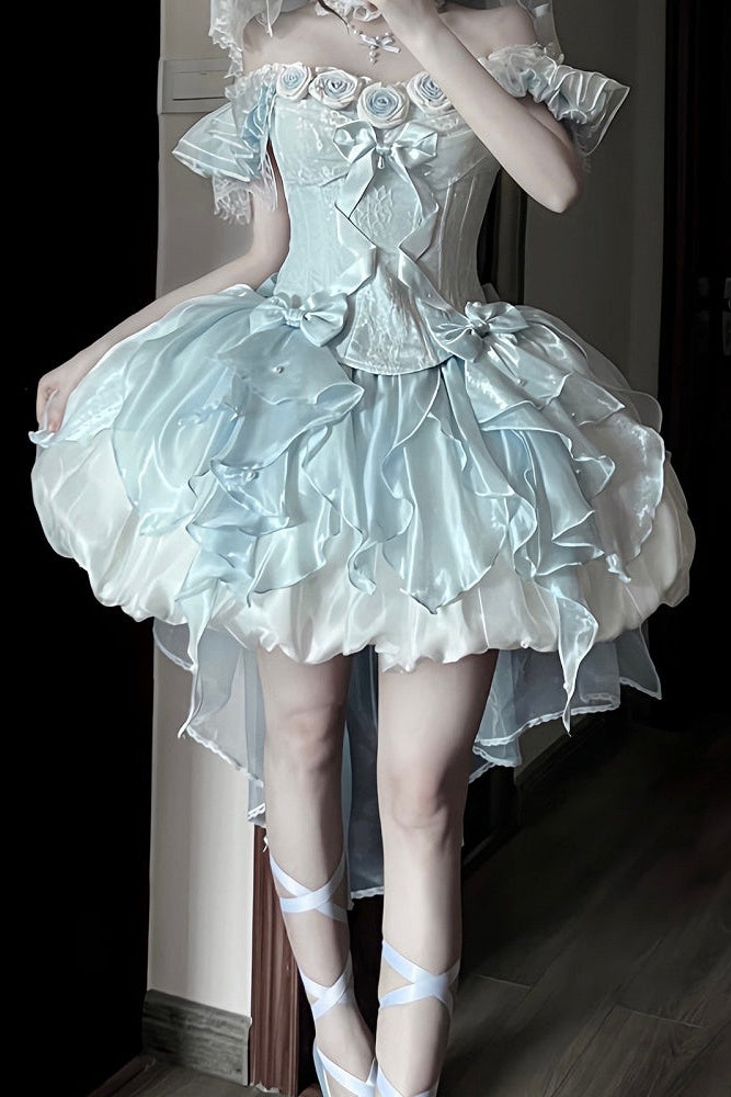 【9月6日予約締切】Romantic Rose Ballet Lolita Bow Lace Corset Bustier＋Layered Ruffle Bow Bubble Skirt + Bow Train（Set1/2）