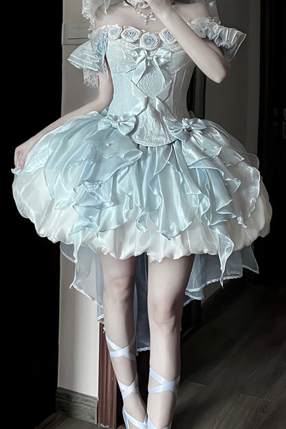 【9月6日予約締切】Romantic Rose Ballet Lolita Bow Lace Corset Bustier＋Layered Ruffle Bow Bubble Skirt + Bow Train（Set1/2）