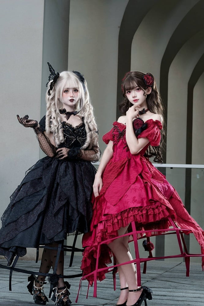 【10月28日予約締切】Red Butterfly Gothic Lolita Puff Sleeve Dress Top + Layered Ruffle Asymmetrical Hem Skirt Set (With Chest Brooch + Waist Brooch)