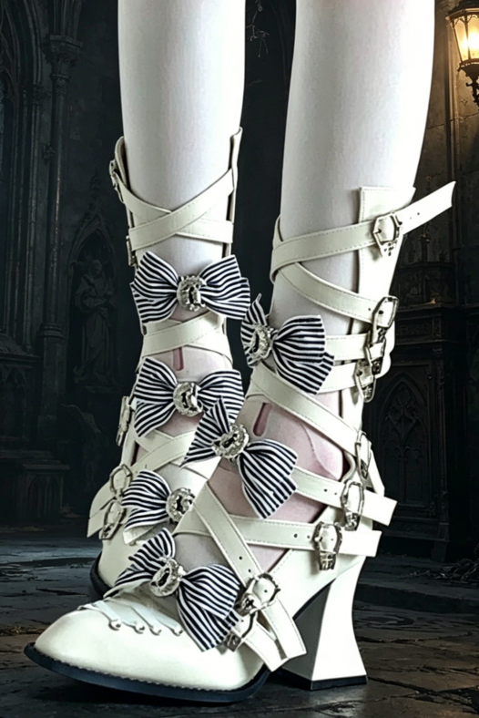 [Pre-order Deadline: July 12] Gothic Cross Buckle Strap Pointed-Toe Boots (with Striped Ribbon)