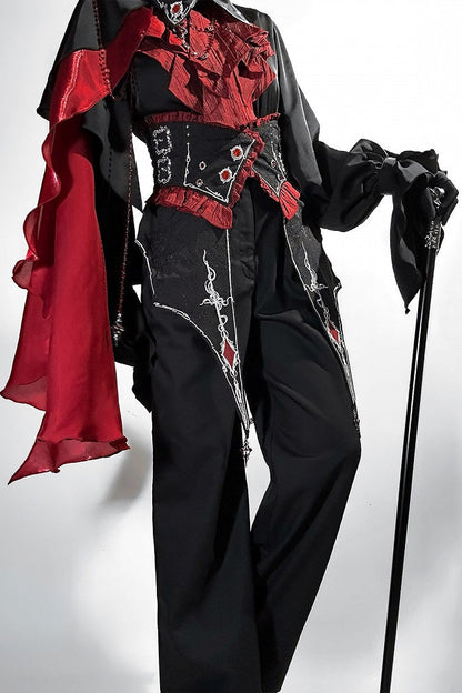 【10月8日予約締切】Ouji Fashion Black Red Gothic Ruffle Prince Lolita Full Set(Jewel Chain Ruffle Jabot Shirt + Rose Accessory Gothic Embroidered Corset Belt + Black Wide-Leg Pants + Rose Beaded One-Shoulder Cape)