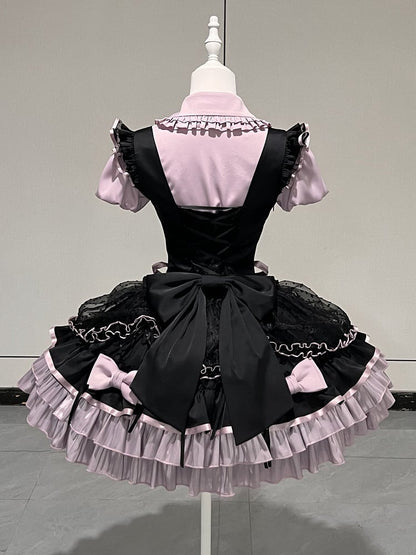 【5月12日予約締切】ブラックパープルロリータアイドルリボンパフスリーブシャツ＋コルセットチュールプルアップJKSドレスセットアップ