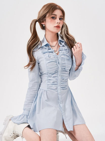 Voluminous Frilled Pleated Shirt Dress