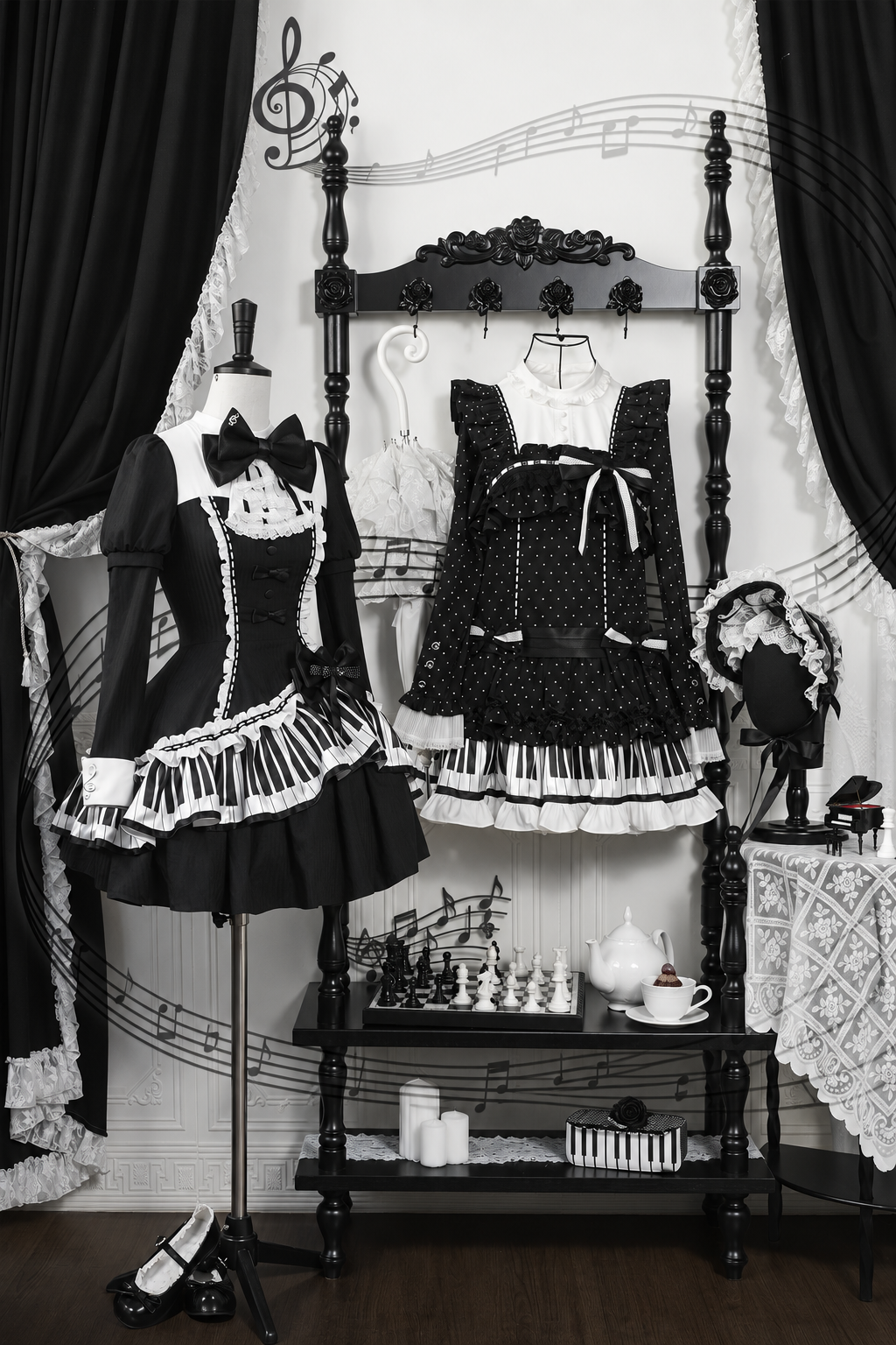 [Reservierungsschluss 22. Oktober] Schwarz gepunktetes Gothic-Lolita-Rüschenkleid mit asymmetrischem Design, Klaviertasten- und Musiknotenmotiv sowie Klaviertasten-Spitzenfliege