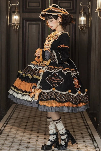 [Reservierungsschluss 8. September] Classic Bear Lolita-Stufenkleid mit weißem Kragen, Karomuster, Spitze und Schleife+Vintage-JSK-Kleid mit Teddybär-Print und Spitze+Vintage-Lolita-Kleid mit Teddybär-Print, Karokragen und klassischem Karomuster