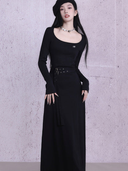 Slim Tight Belt Waist Long Dress