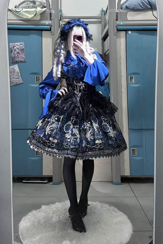 [Pre-order Deadline: June 19] Blue x Black / Blue x White Skull Rose Gothic Lolita Spiderweb Tulle JSK Dress