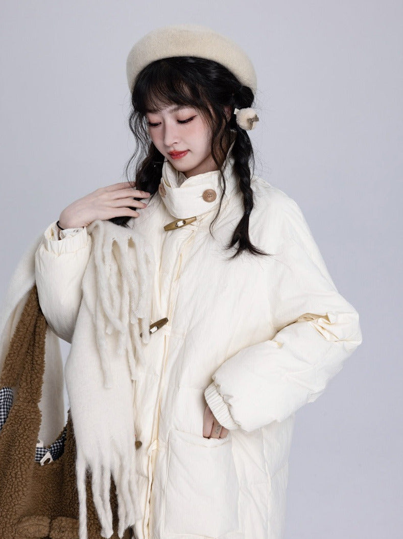 Horn Button Stand Collar Long Duck Down Coat