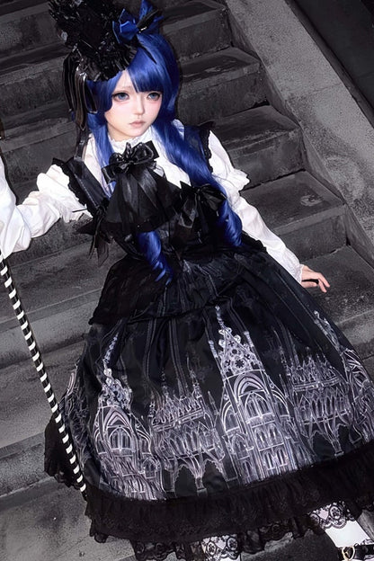 【10月13日予約締切】Gothic Lolita Black White Cathedral Print Lace Trim JSK Dress + Full Dress Set (Detachable Sleeved Shirt, Mini Hat, Apron, Brooch)