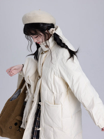 Horn Button Stand Collar Long Duck Down Coat