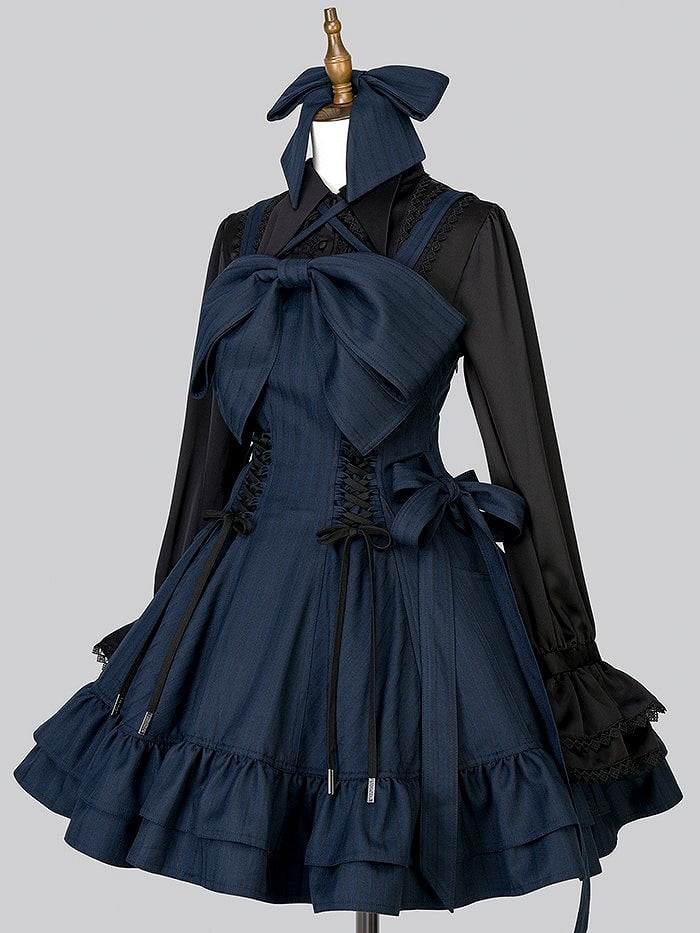 【12月26日予約締切】ゴシックロリータダークカラーストライプリボンサスドレス