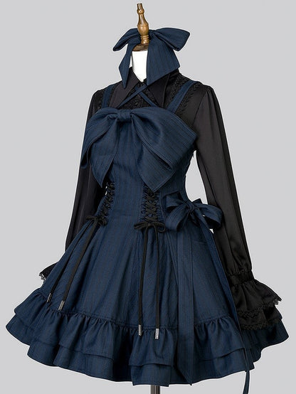 【12月26日予約締切】ゴシックロリータダークカラーストライプリボンサスドレス