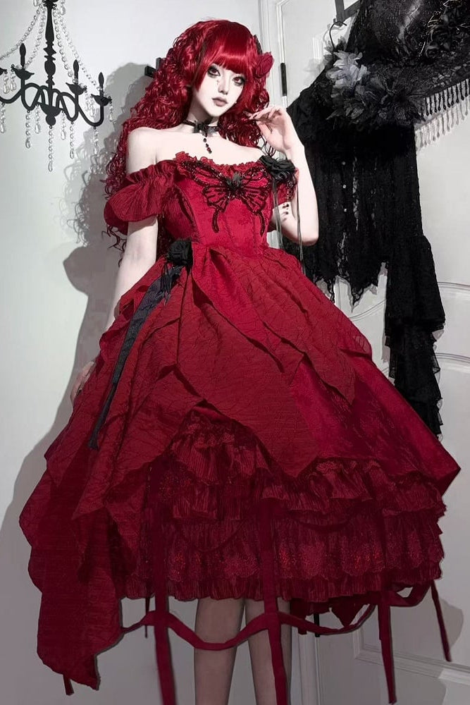 【10月28日予約締切】Black/White/Red Tiered Lace Ruffle Lolita Skirt