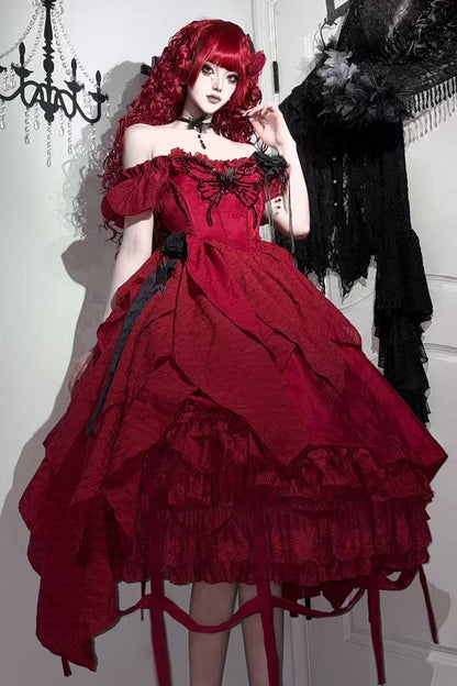 【10月28日予約締切】Black/White/Red Tiered Lace Ruffle Lolita Skirt