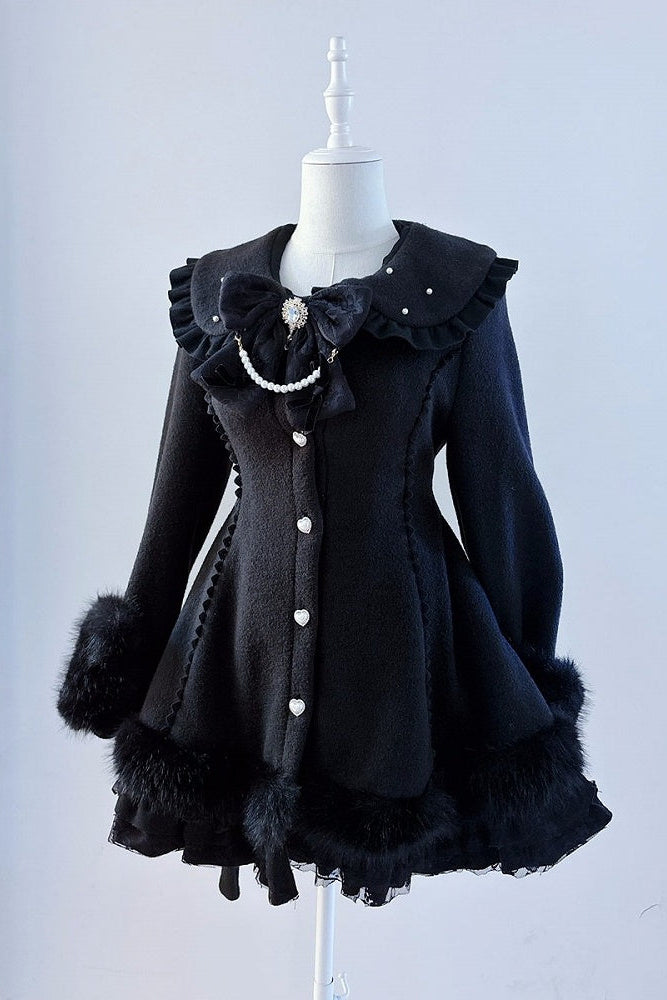 【11月13日予約締切】Black Pearl Bow-Tie Fur Coat With Detachable Cape And Fur Cuffs