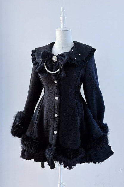 【11月13日予約締切】Black Pearl Bow-Tie Fur Coat With Detachable Cape And Fur Cuffs