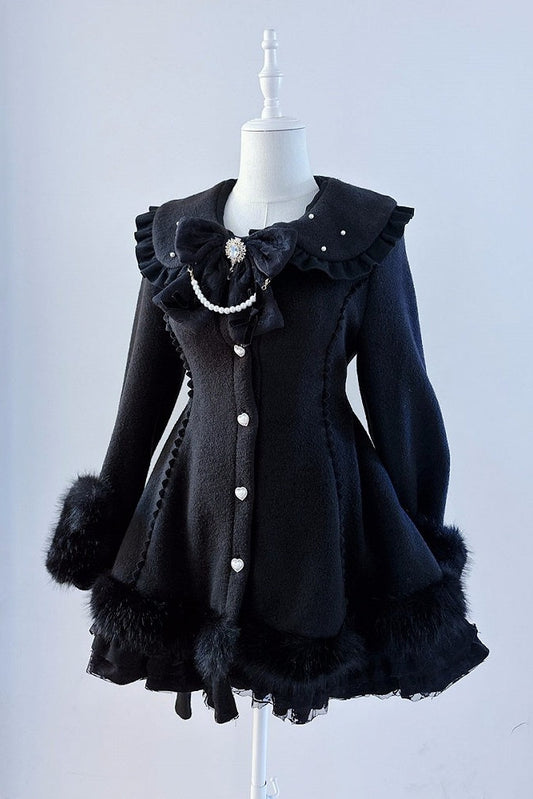 【11月13日予約締切】Black Pearl Bow-Tie Fur Coat With Detachable Cape And Fur Cuffs