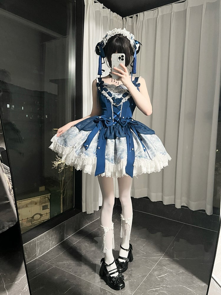 【5月6日予約締切】ダークブルームーンライトシーエレガントレースリボンレイヤードドレス＋アクセサリー