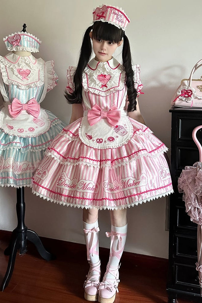 【6月18日予約締切】ピンク/ ブルー/ブラックスイートメイドロリータキャンディストライプティアードドレス＋ドレスセット1/2/3