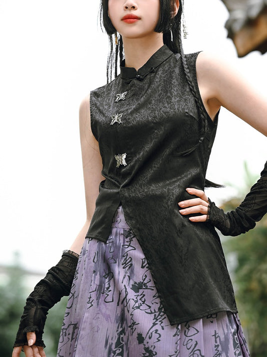 Metal Butterfly Jacquard Satin Sleeveless Asymmetric Chinese Shirt