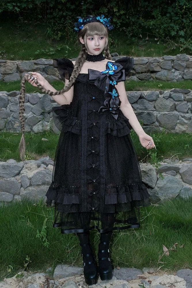 [Vorbestellfrist: 1014] Schwarz/weißes Gothic-Lolita-Set aus Puppenkleid mit Schmetterlingsschleife, Bandkragen und Flatterärmeln + Puppenkleid mit eckigem Ausschnitt und Flatterärmeln