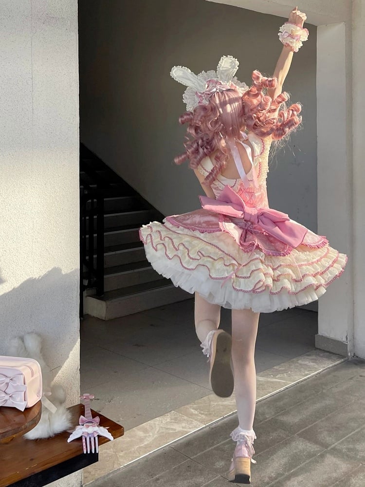 【12月17日予約締切】ピンクフローラルスイートロリータティアードドレス＋うさ耳ボンネット＋アクセサリー