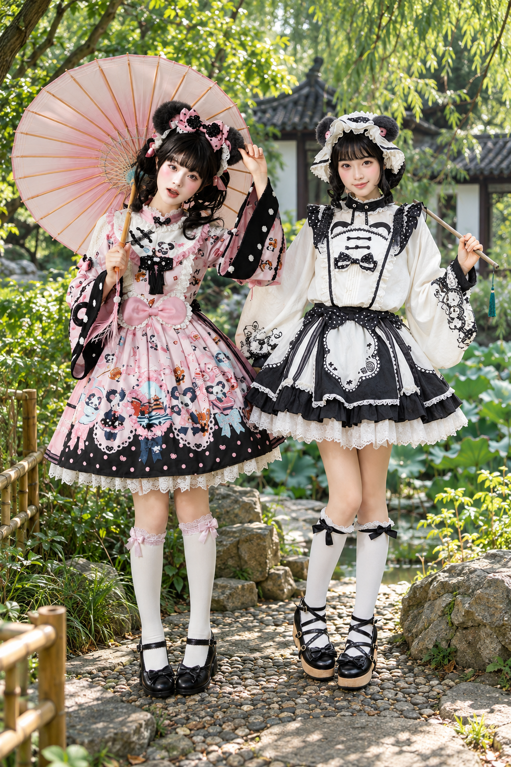 [Pre-order Deadline: October 25] Pink/Green Chinoiserie Lolita Sweet Panda Print Bow Bell Sleeve OP Dress