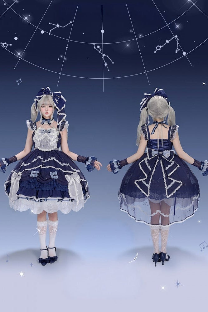 [Clôture des précommandes le 923] Robe JSK classique lolita bleu clair/bleu foncé à broderies d’étoiles célestes, rubans et jupe à volants asymétrique