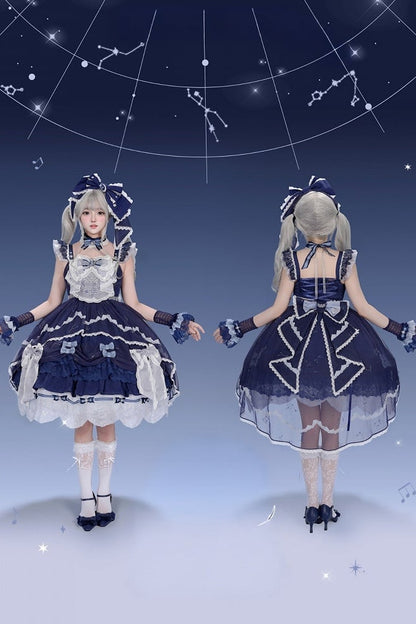 [Clôture des précommandes le 923] Robe JSK classique lolita bleu clair/bleu foncé à broderies d’étoiles célestes, rubans et jupe à volants asymétrique