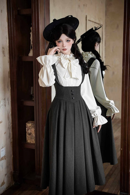【4月14日予約締切】ダークグレークラシックラペルショルダーロリータコルセットドレス（ショート・ロングA/B）