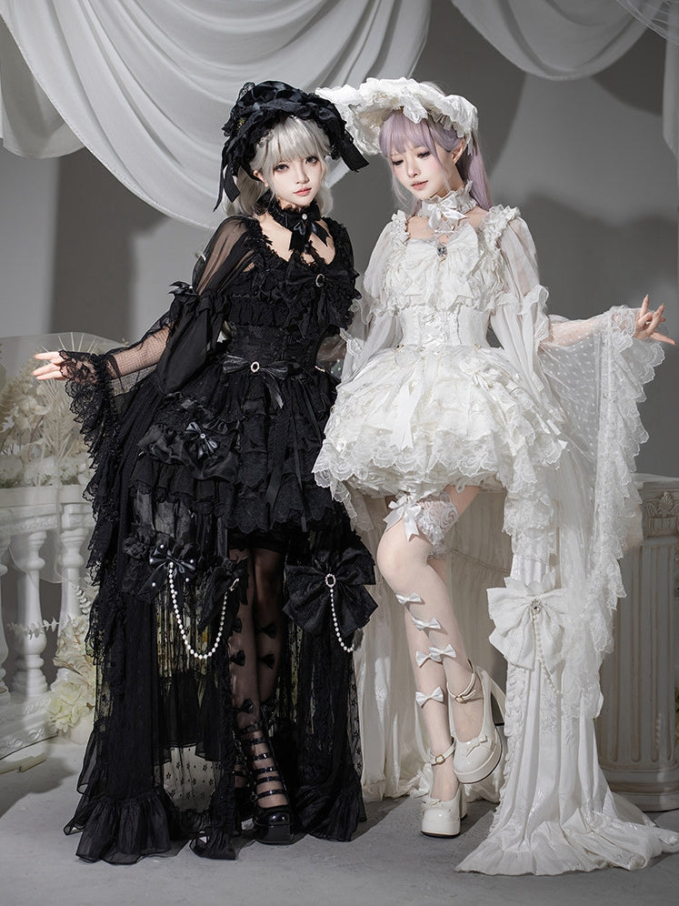 【7月19日予約締切】ホワイト/ブラックウエディングロリータドレスフルセット（JKSドレス＋姫袖ブラウス＋ロングオーバーレイ＋リボンアクセサリー）