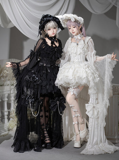 【7月19日予約締切】ホワイト/ブラックウエディングロリータドレスフルセット（JKSドレス＋姫袖ブラウス＋ロングオーバーレイ＋リボンアクセサリー）