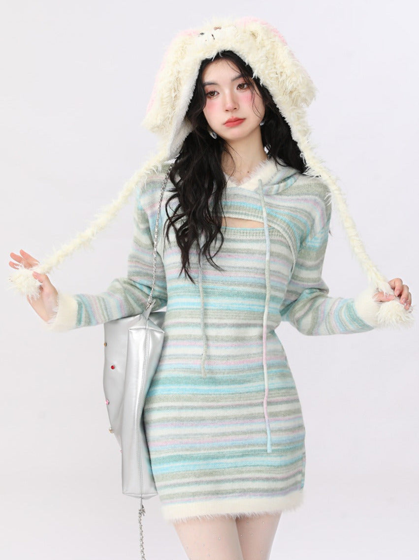 Knit Striped Suspender Skirt + Hooded Jacket Setup