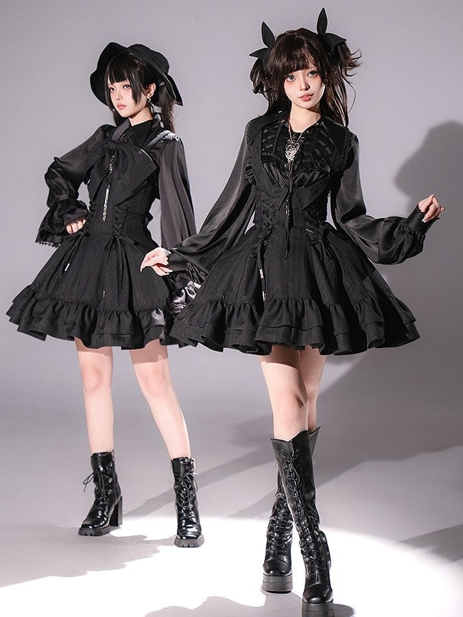 【12月29日予約締切】ゴシックロリータダークカラーストライプバッククロスフリルサスドレス