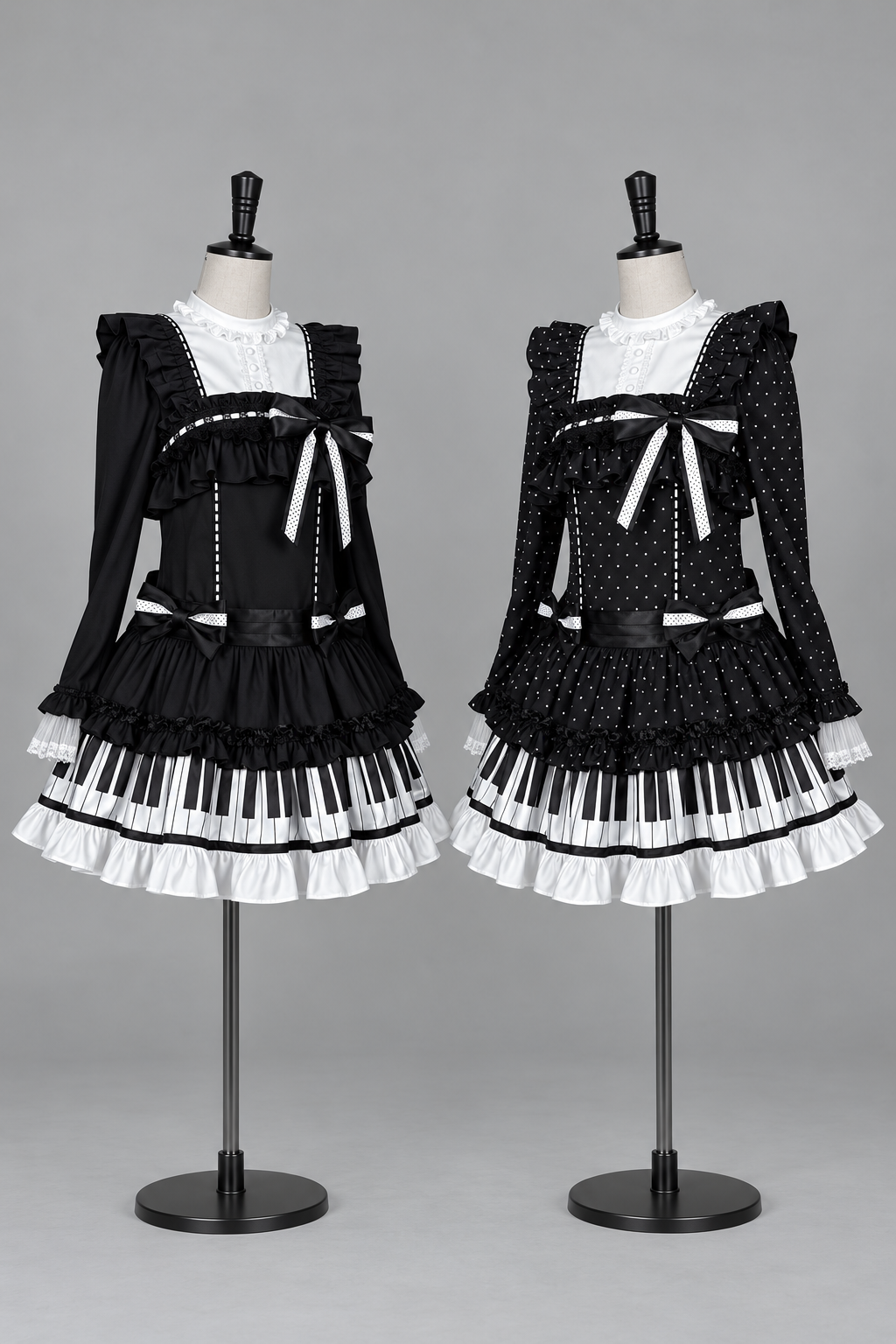 [Date limite de réservation : 22 octobre] Robe de poupée taille basse gothique Lolita à pois/noire avec touches de piano, nœud à volants