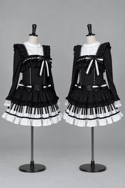 [Date limite de réservation : 22 octobre] Robe de poupée taille basse gothique Lolita à pois/noire avec touches de piano, nœud à volants