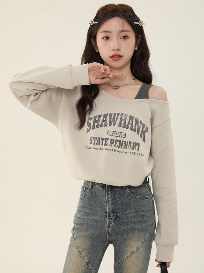 American Retro Off-Shoulder Short Sweatshirt