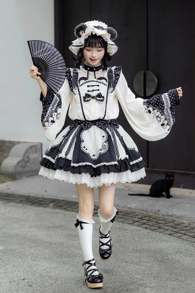 [Pre-order Deadline: October 25] Pink/White/Green Chinoiserie Lolita Sweet Panda Polka Dot Lace Apron Ruffle OP Dress