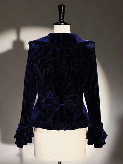 [Reservation Deadline: November 6] Navy Blue/Brown Classic Italian Travel Diary Lolita Silver Thread Velvet Stripe Ribbon Frill Jacket