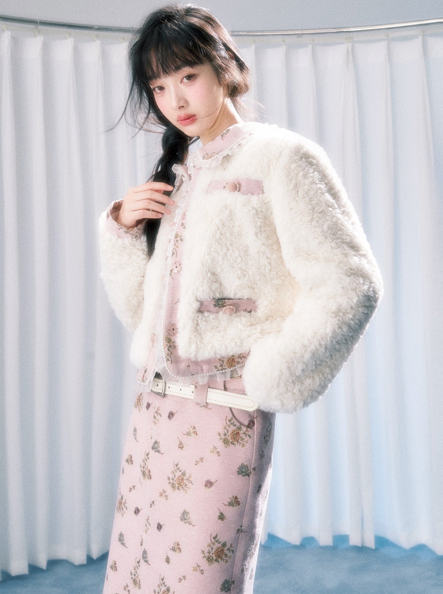 Small Fragrance Sweet Flower Fur Jacket + Tight Mini Skirt + Tight Long Skirt