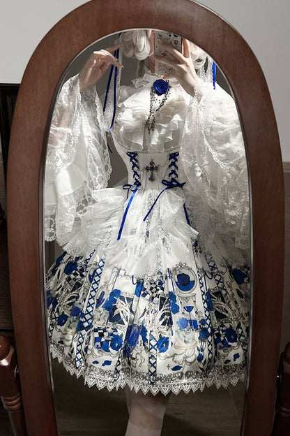[Pre-order Deadline: June 19] Blue x Black / Blue x White Skull Rose Gothic Lolita Spiderweb Tulle JSK Dress