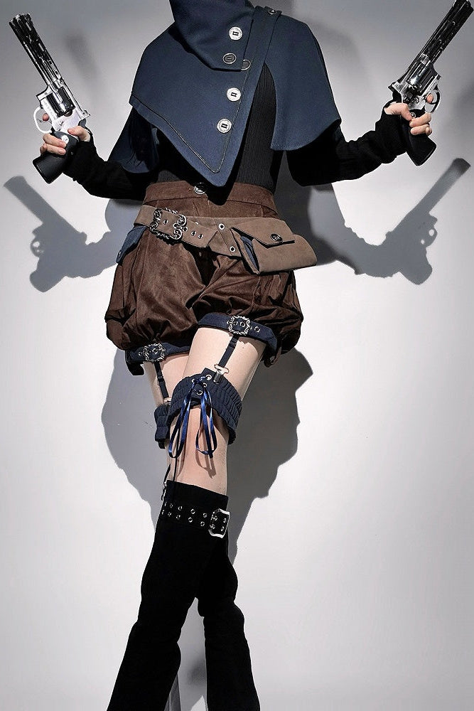 【10月6日予約締切】Dark Navy X Brown Prince Lolita Asymmetrical Cape + Black Knit Top + Leg Ring Shorts + Belt With Pockets + Scarf Ouji Fashion