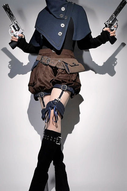 【10月6日予約締切】Dark Navy X Brown Prince Lolita Asymmetrical Cape + Black Knit Top + Leg Ring Shorts + Belt With Pockets + Scarf Ouji Fashion