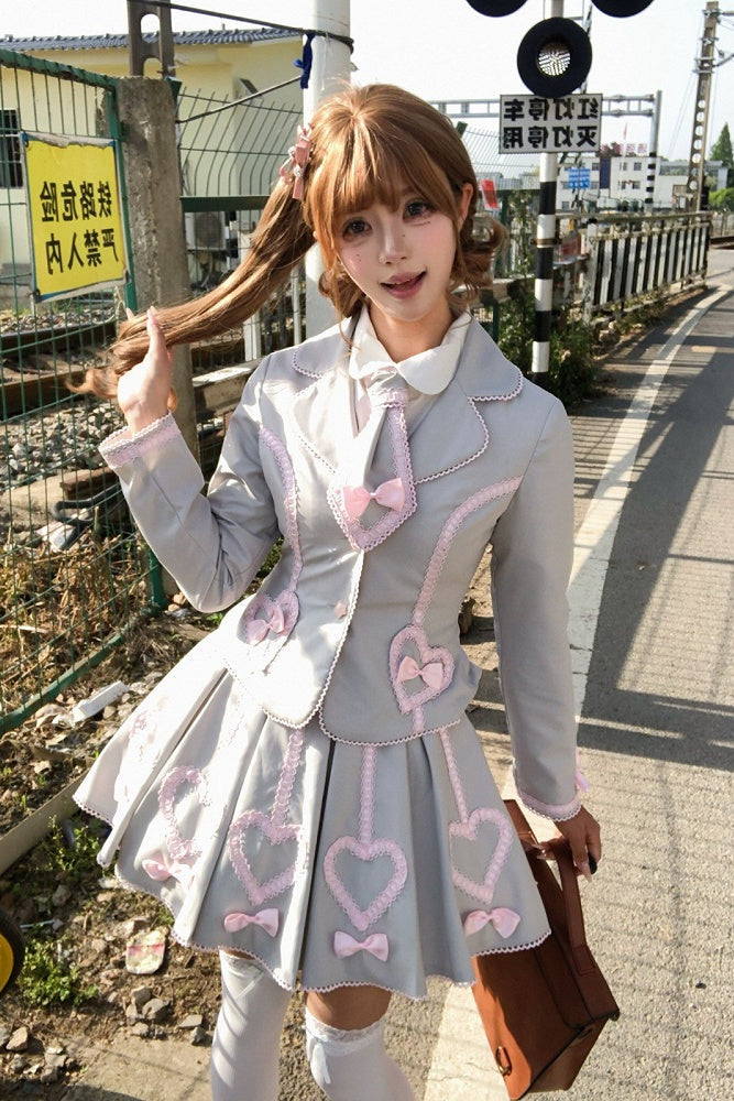 [Pre-order Deadline: June 28] Pink/Gray Vintage Lolita Heart Ribbon Tailored Jacket + Skirt + Tie