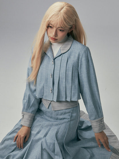 Retro Blue Imitation Splice Short Jacket + Art College A-Line Skirt